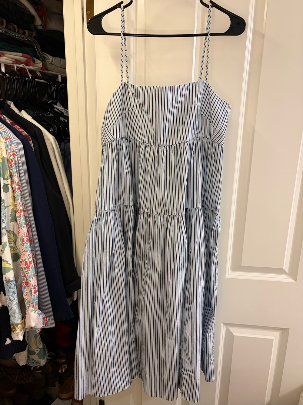 J. Crew Blue and White Vertical-Stripe Tiered Midi Dress